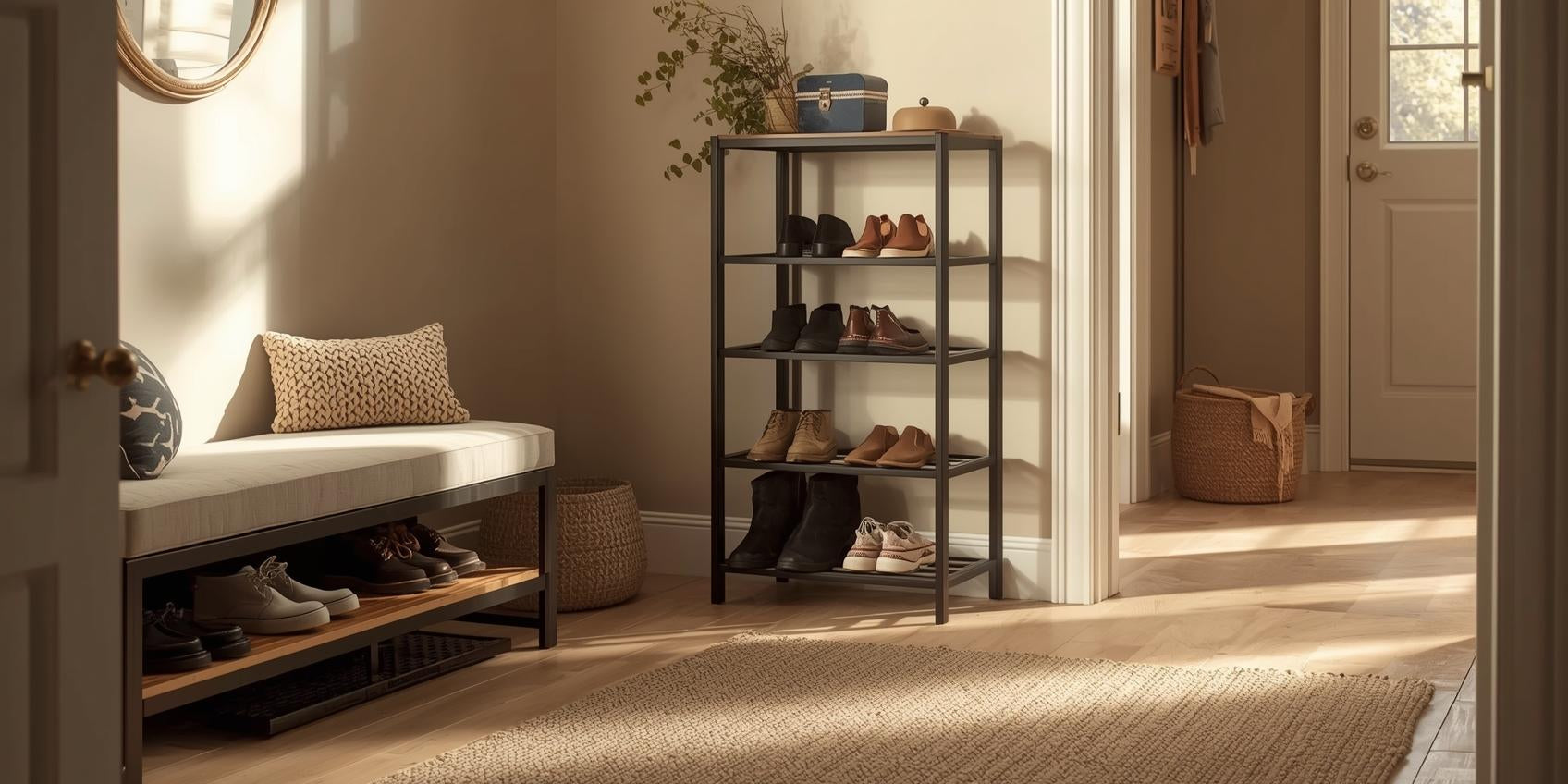 Sunlit entryway with cushioned shoe bench, compact stackable shoe rack, boot tray, and neatly arranged footwear in a structured layout.