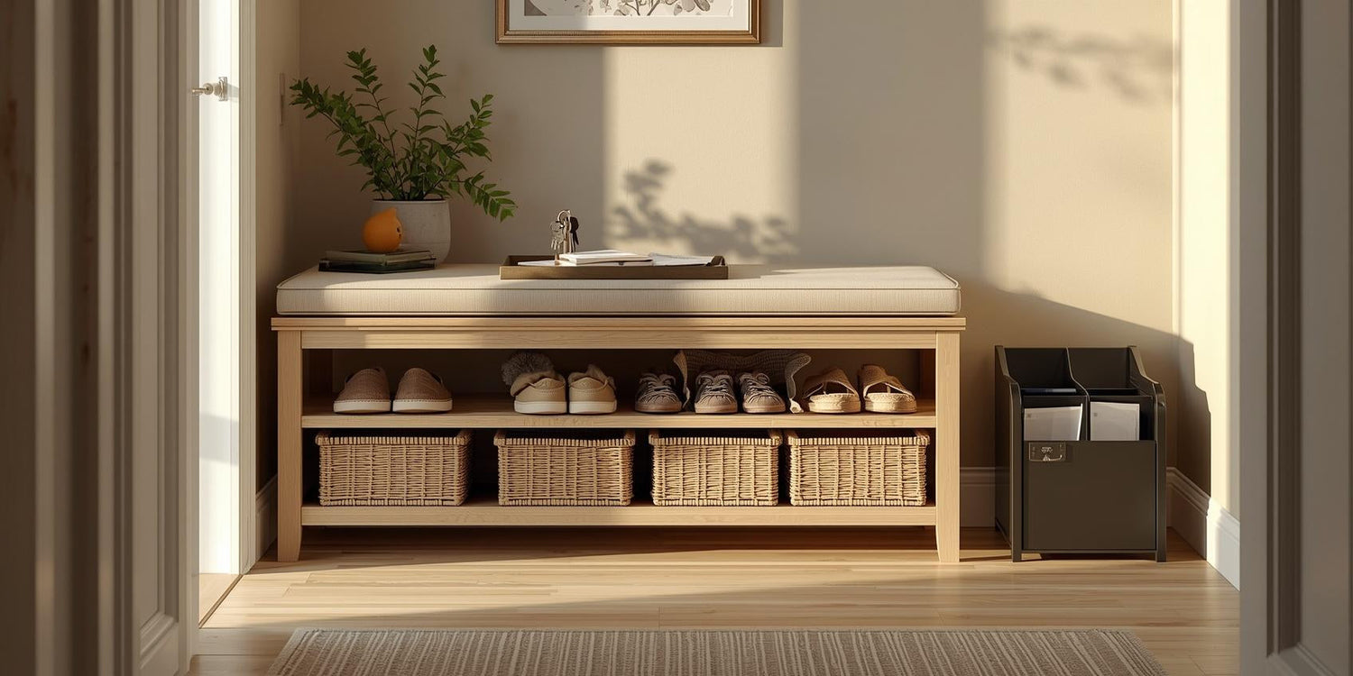 Sunlit entryway with storage bench, under-bench baskets, catchall tray, and mail organizer arranged in a structured drop-zone setup.