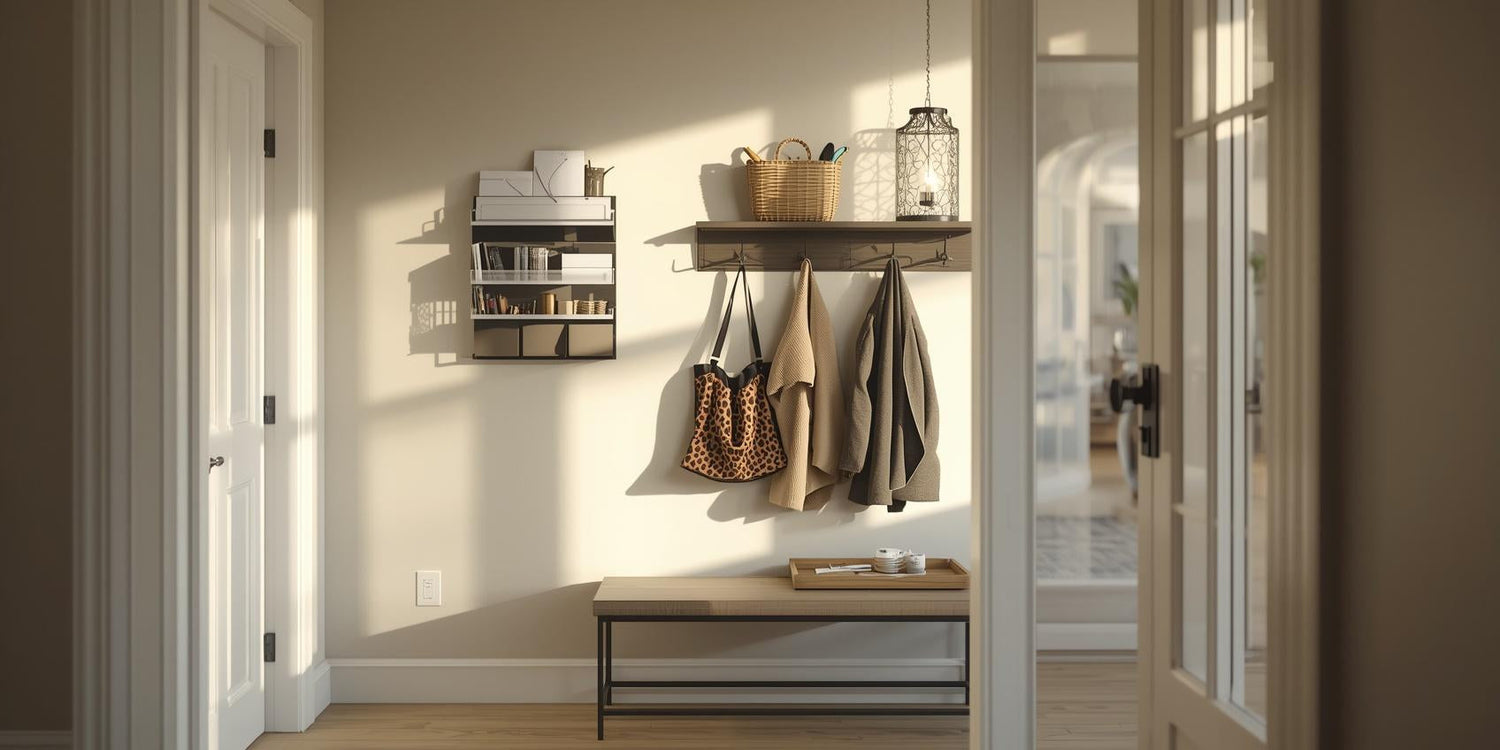 Sunlit entryway wall with mounted key and mail holder, decorative wall hooks, and floating shelf organizing daily essentials near the front door.