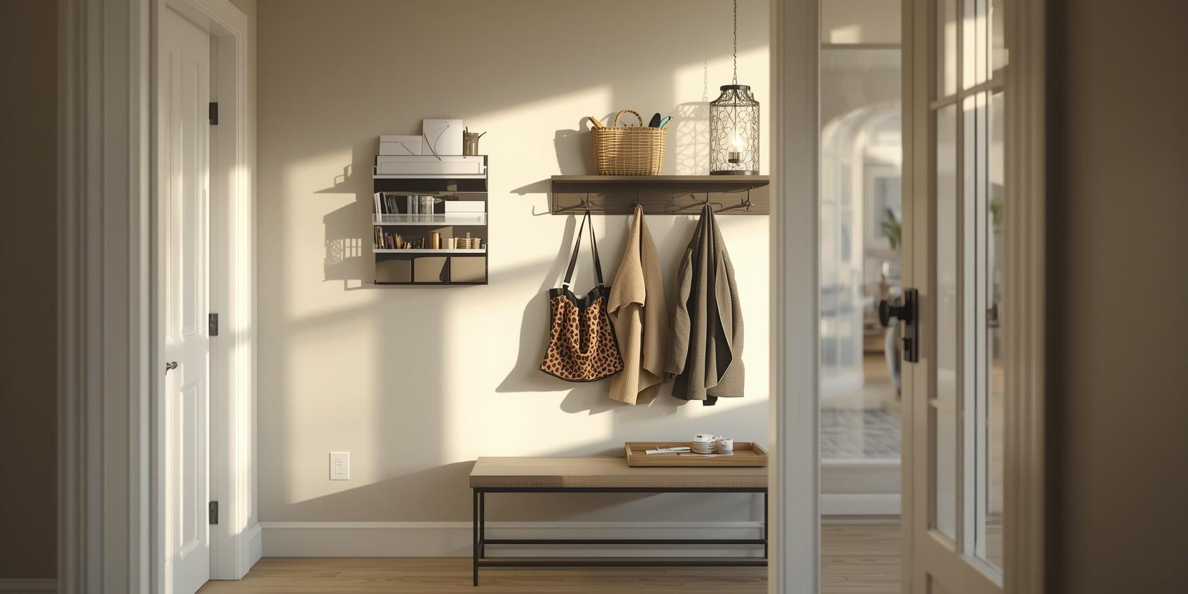 Sunlit entryway wall with mounted key and mail holder, decorative wall hooks, and floating shelf organizing daily essentials near the front door.