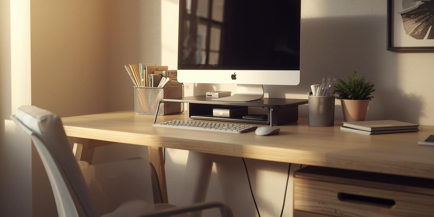 Sunlit home office desk with monitor riser, desktop organizer, and under-desk cable tray arranged in a structured workspace setup.