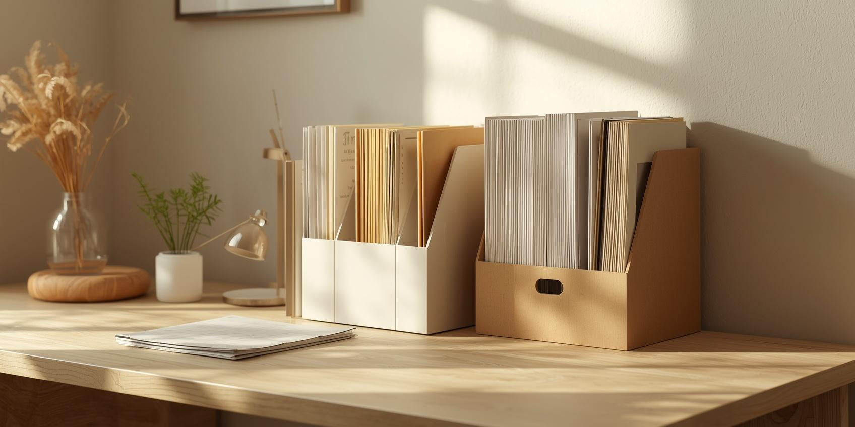 Sunlit home office desk with upright file sorter, vertical document holder, and expanding file folder organizing paperwork.