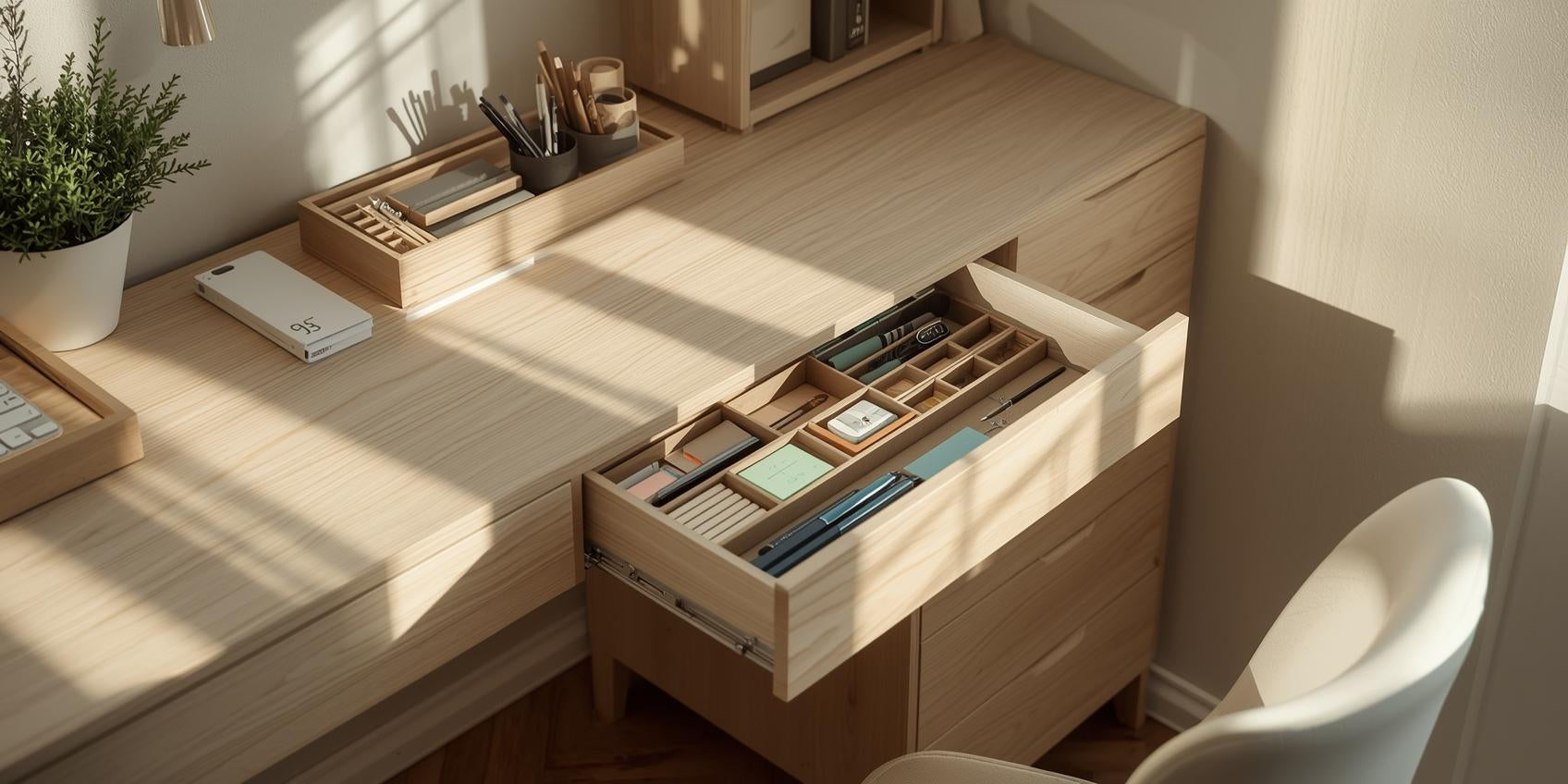 Sunlit home office with open desk drawer featuring modular dividers, stationery trays, pen cup, and organized writing tools.