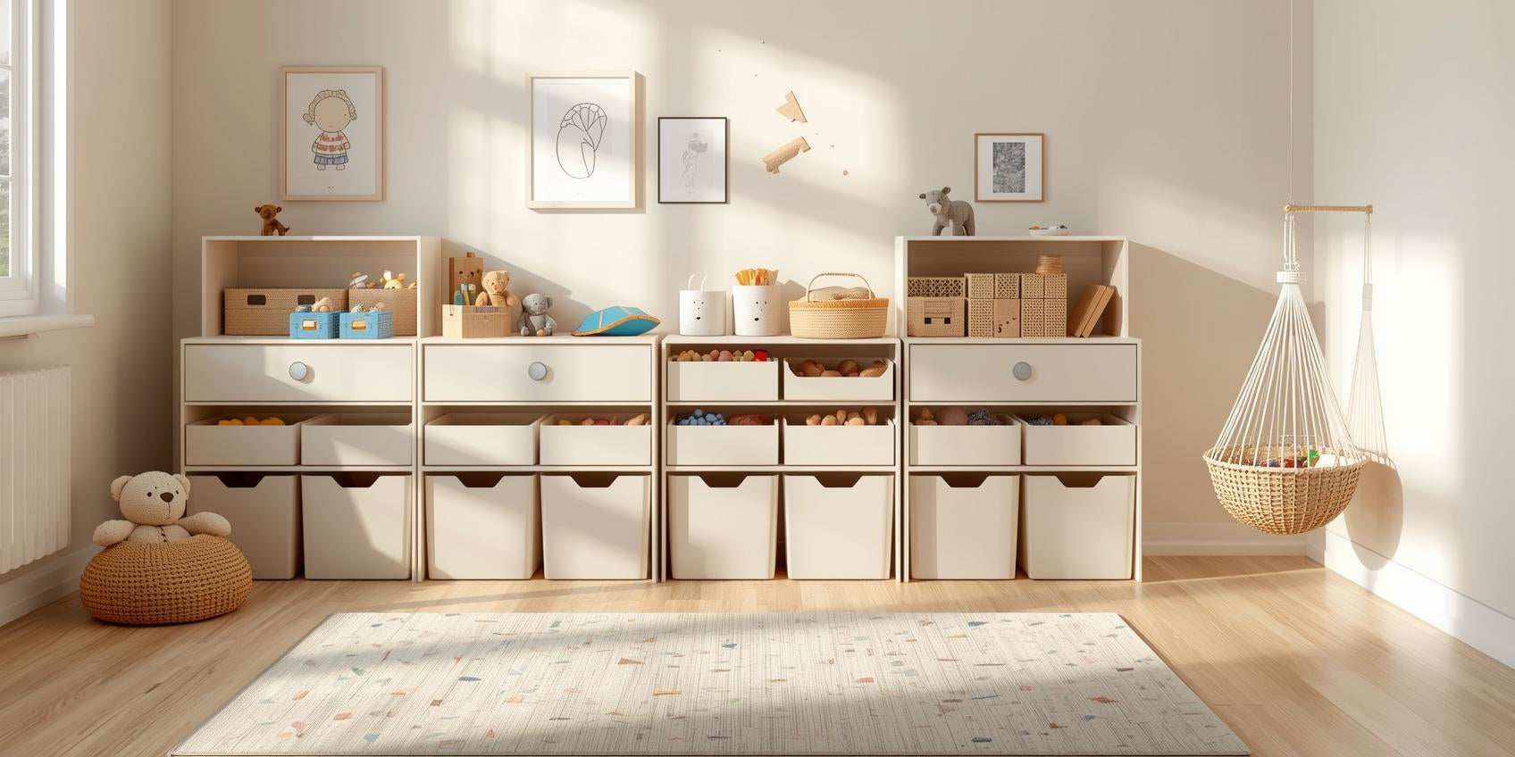 Sunlit kids’ playroom with open bin toy organizer, toy chest, storage bins, and stuffed animal hammock arranged in a structured setup.