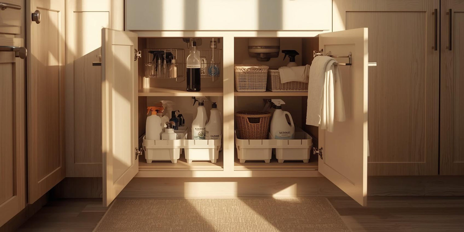 Open kitchen under-sink cabinet with organized cleaning supplies, pull-out storage bins, protective mat, and mounted trash bag dispenser in a sunlit interior.