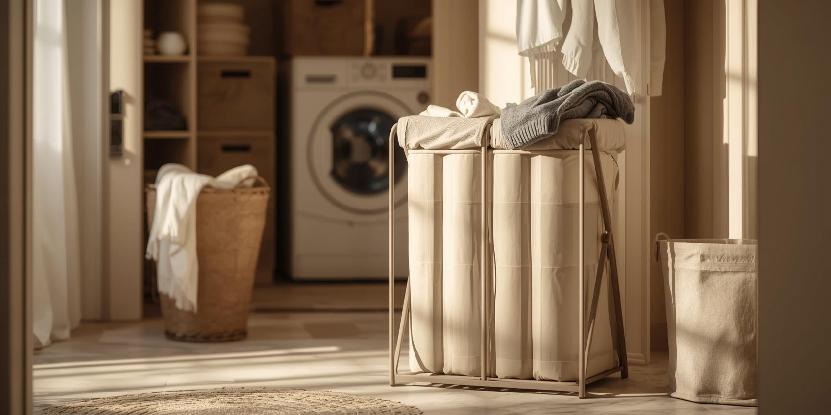 Sunlit laundry room with structured multi-section laundry hamper and collapsible basket arranged for organized clothing sorting.
