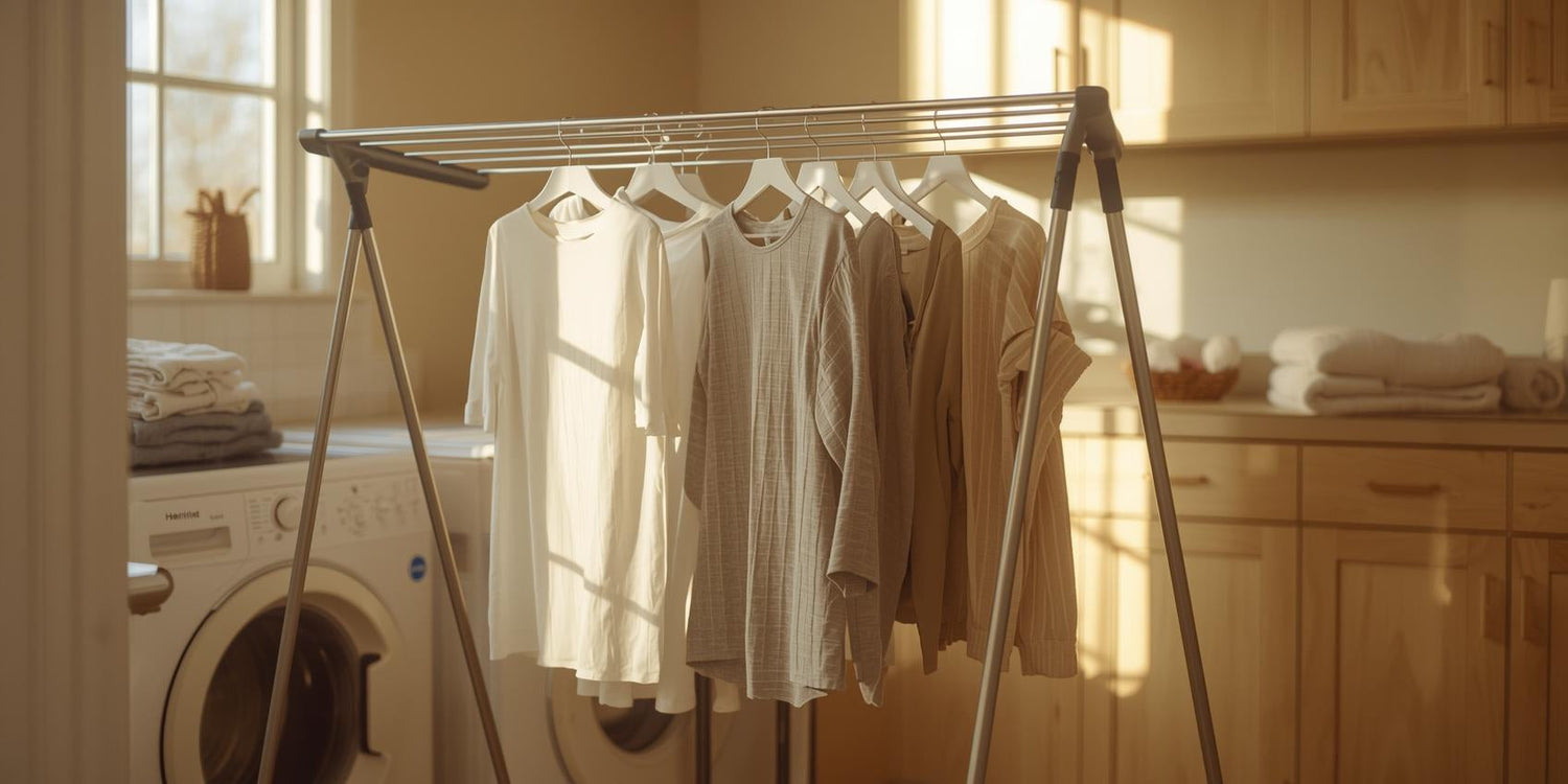 Sunlit laundry room with foldable A-frame drying rack and garments draped directly over the bars for air drying.