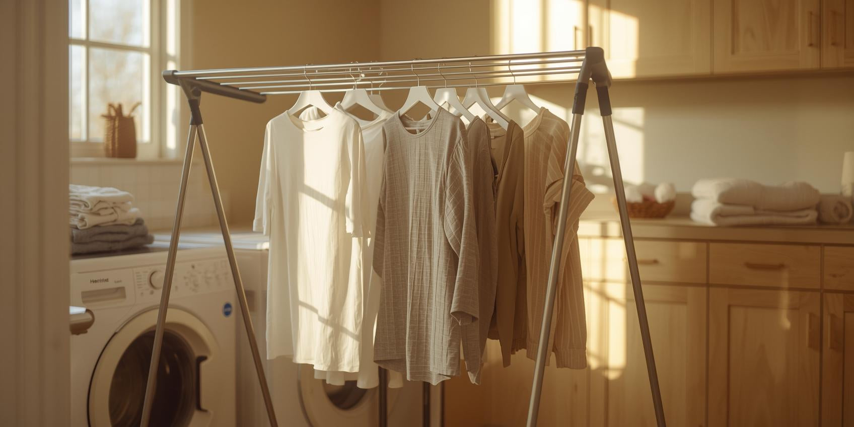 Sunlit laundry room with foldable A-frame drying rack and garments draped directly over the bars for air drying.