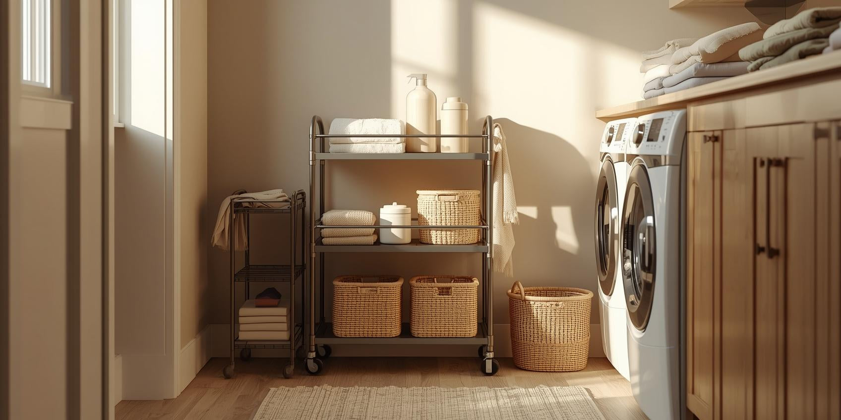 Sunlit laundry room with multi-tier rolling utility cart and slim laundry cart organizing towels and supplies between washer and wall.