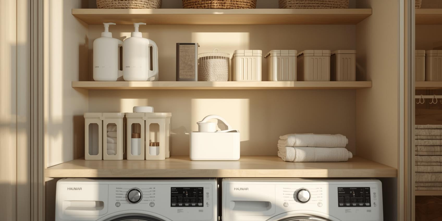 Sunlit laundry room shelving with refillable detergent dispensers, dryer sheet holder, lint bin, and neatly organized laundry supply containers.