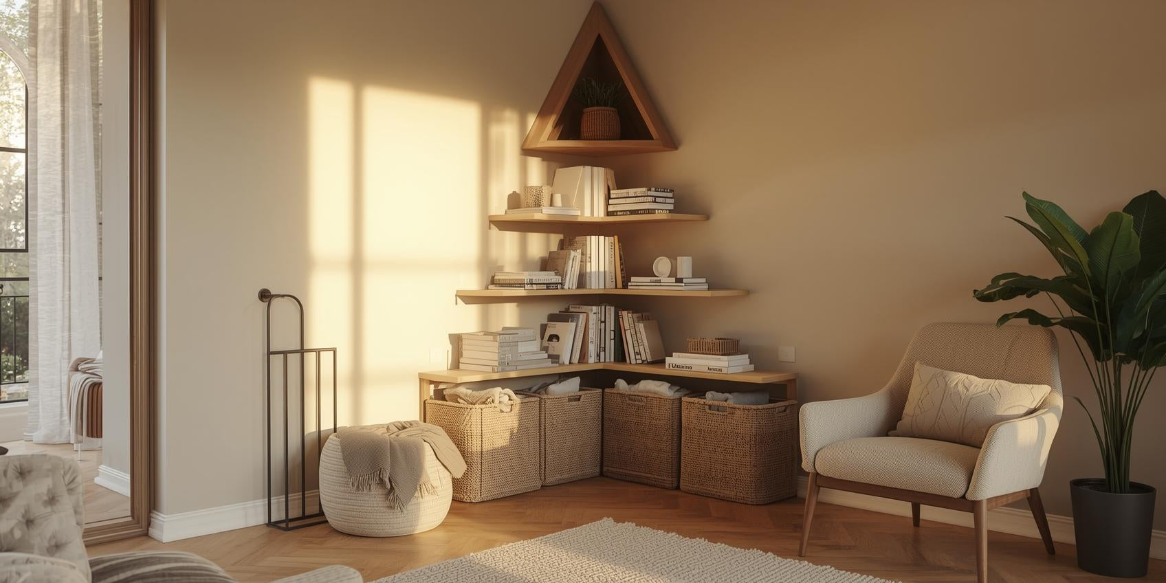 Sunlit living room corner with angled corner shelving unit, woven blanket baskets on the floor, and a slim magazine holder arranged in a structured layout.