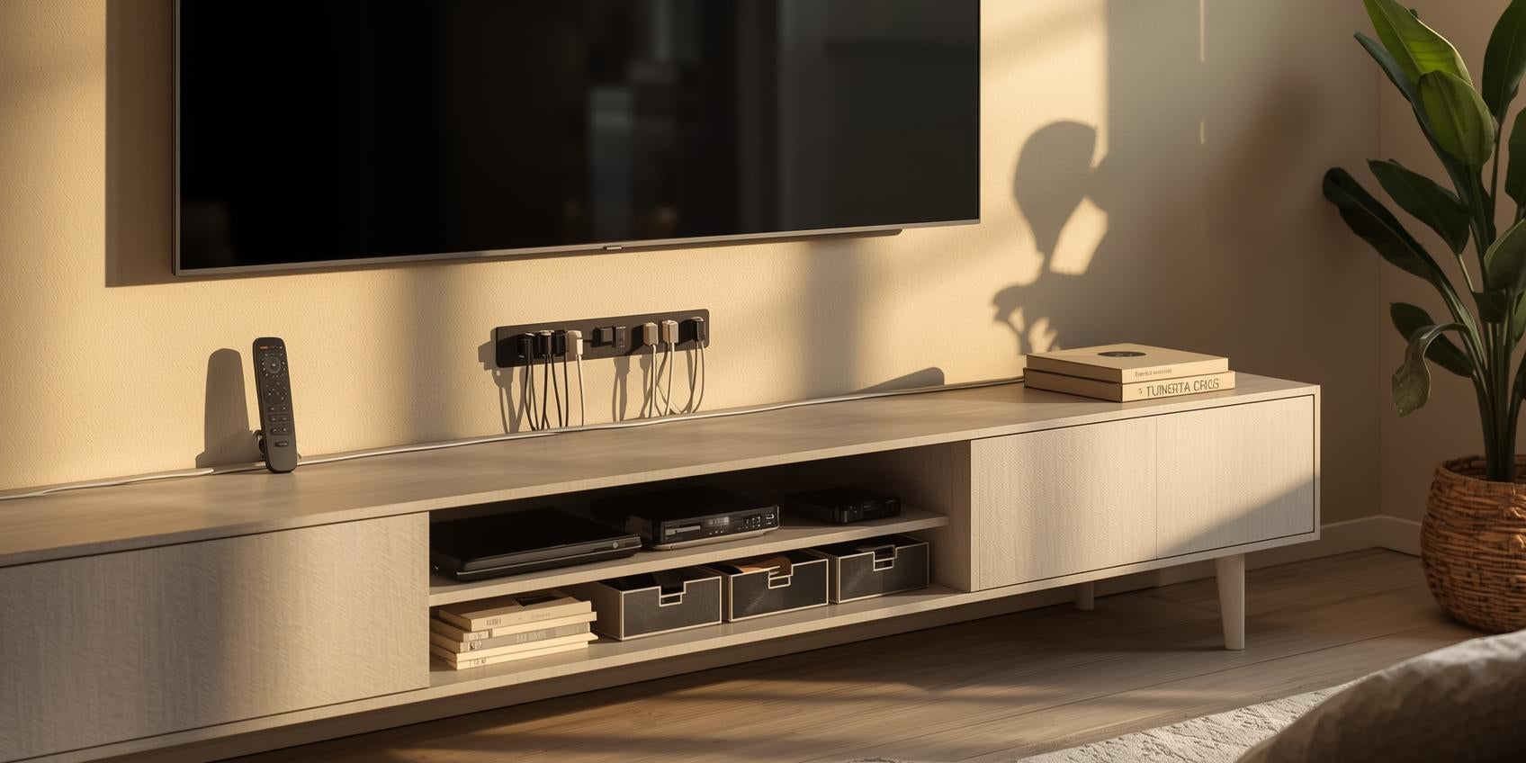 Sunlit living room entertainment center with organized remote holders, concealed cable management box, media storage bins, and neatly managed cords.