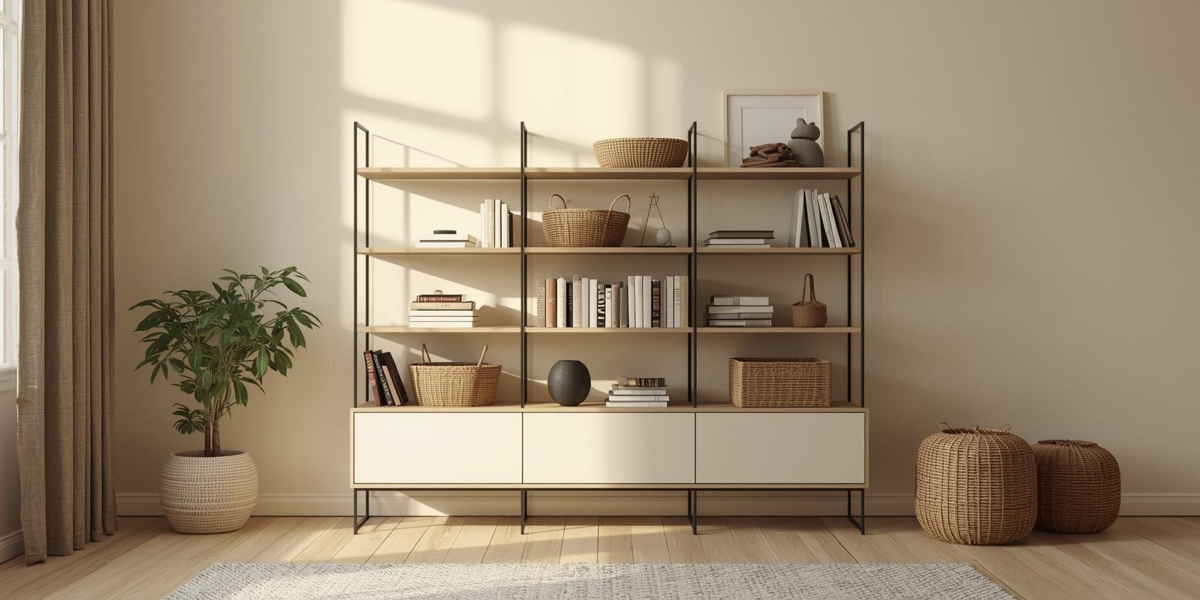 Sunlit living room with freestanding shelving unit, decorative storage baskets, bookends, and layered display organizers arranged in a structured setup.