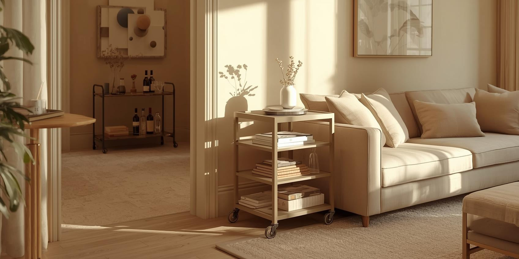 Sunlit living room with rolling utility cart, slim slide-out cart, and bar cart arranged in a flexible and organized setup.