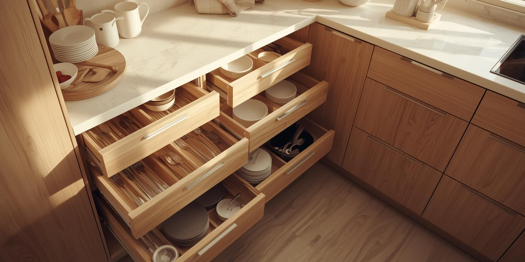 Sunlit kitchen with open drawers and cabinets showing utensil trays, adjustable dividers, plate racks, and organized cookware storage.