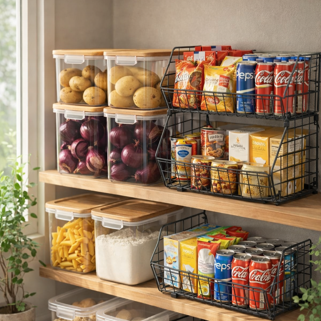 Stackable storage bins placed on open pantry shelving, holding dry foods and packaged groceries for organized kitchen storage.