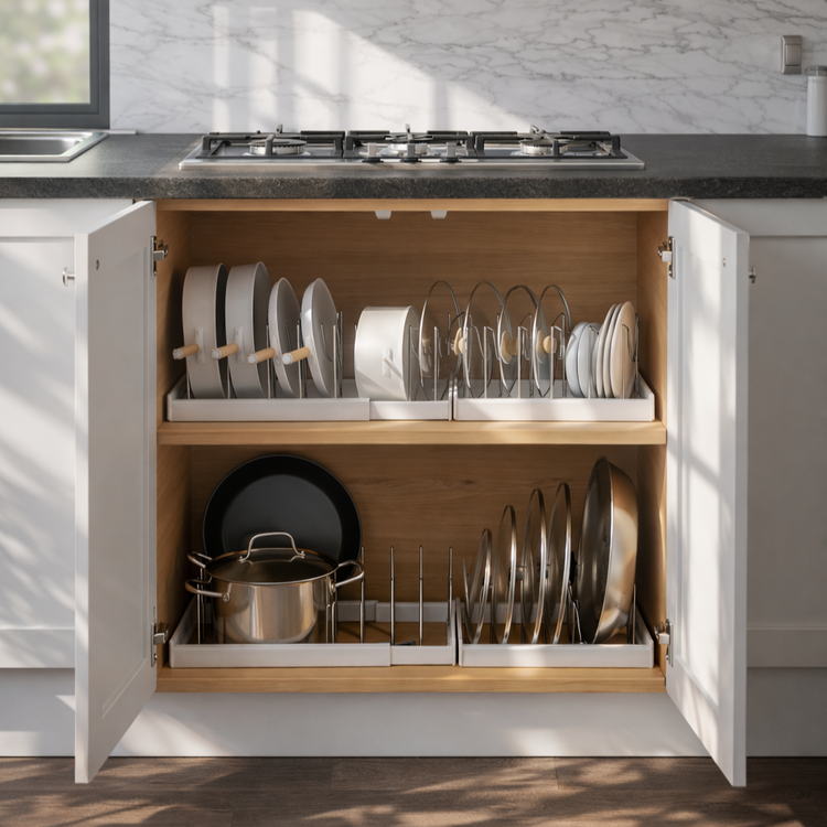 Organized lower kitchen cabinet beneath a gas stovetop featuring pot and pan organizers, with frying pans, saucepans, and lids neatly stored upright in racks for easy access and efficient cabinet storage.