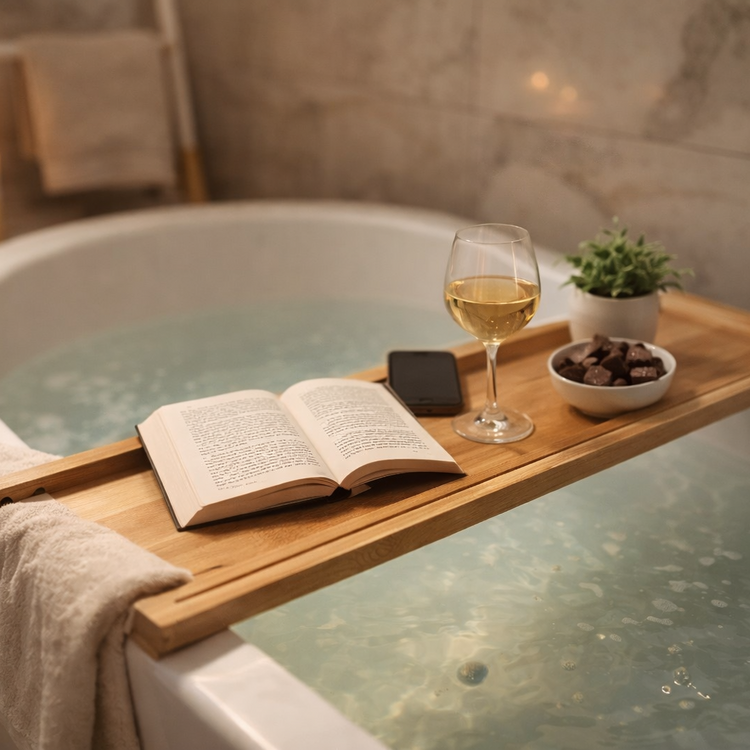 Wooden bathtub tray resting across a bathtub, holding a book, wine glass, chocolates, phone, and towel in a calm bathroom setting.