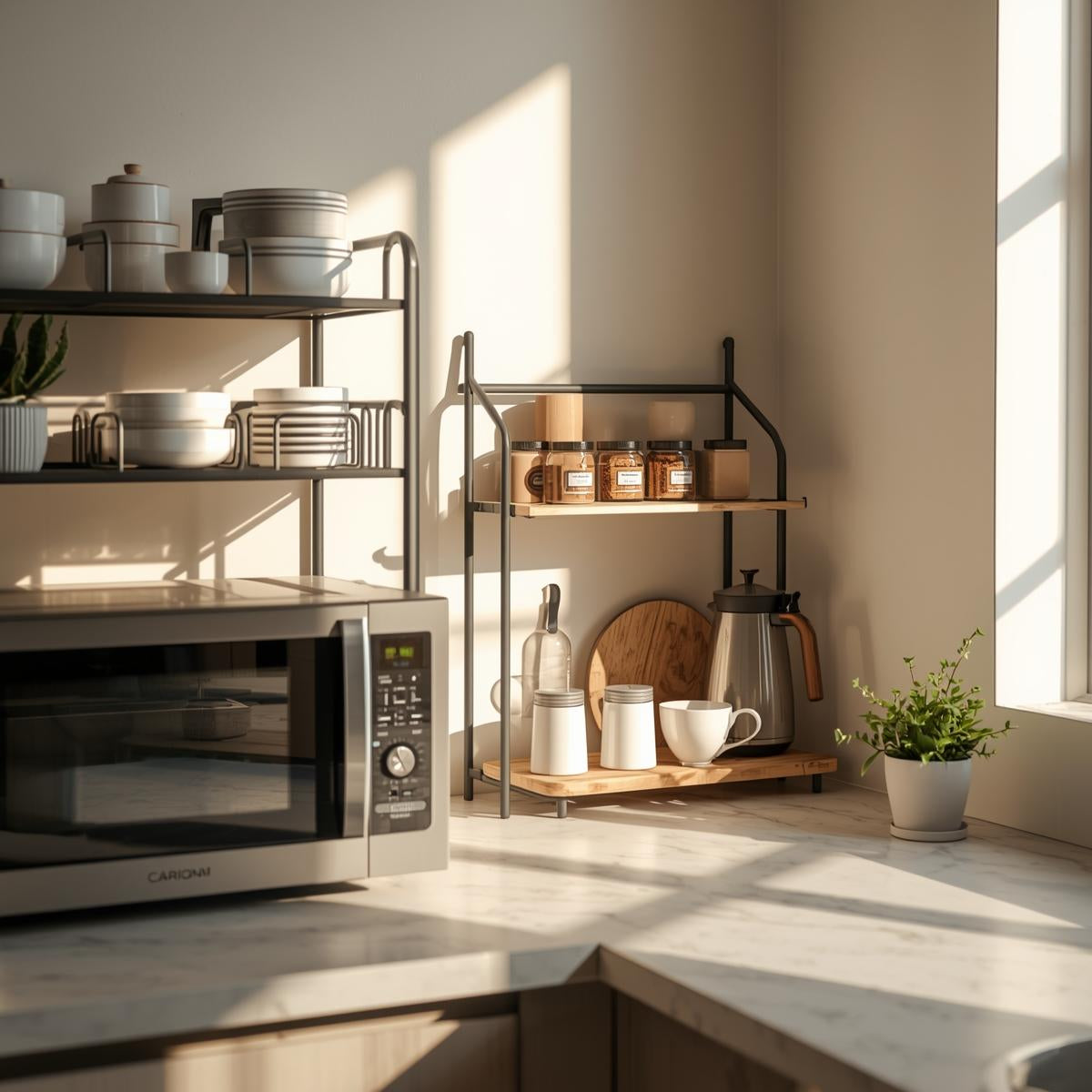 Organized kitchen countertop featuring a countertop organizer rack placed above a microwave and a separate shelf holding a kettle, teapot, cups, and jars, styled with warm natural sunlight and a clean, modern kitchen setting.