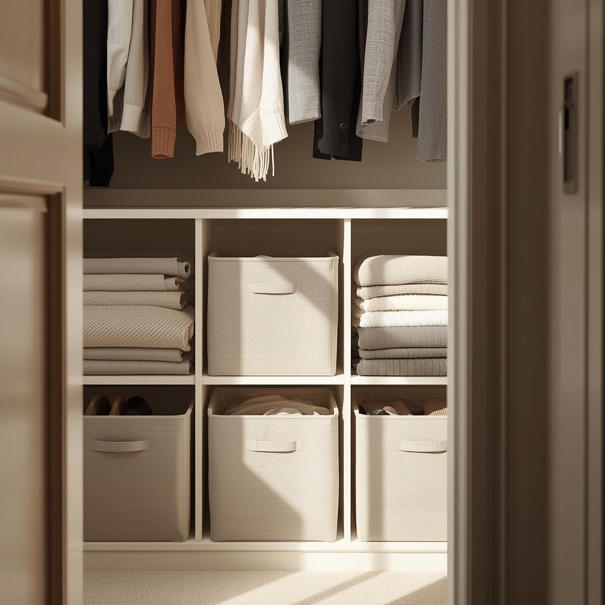 Fabric storage bins neatly arranged at the bottom of a closet, storing folded clothes and accessories in a calm, organized space.