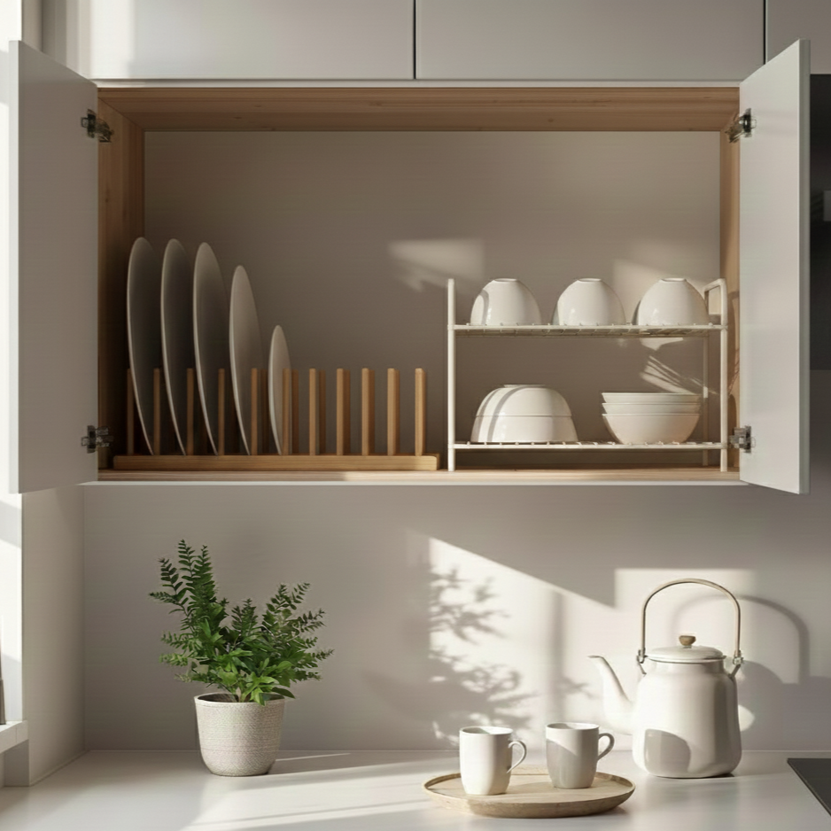 Open upper kitchen cabinet with bamboo plate rack holding upright dinner plates and a separate bowl rack organizing white bowls, styled above a sink with natural sunlight, a small green plant, and a ceramic teapot with cups on the countertop
