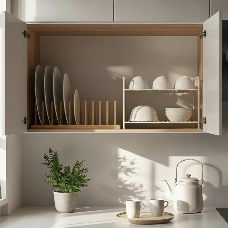 Open upper kitchen cabinet with bamboo plate rack holding upright dinner plates and a separate bowl rack organizing white bowls, styled above a sink with natural sunlight, a small green plant, and a ceramic teapot with cups on the countertop