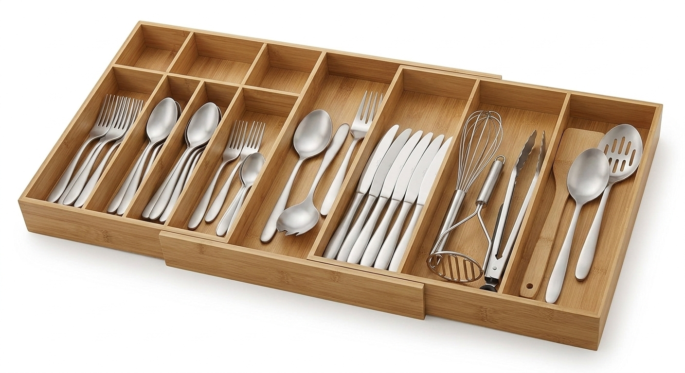 Expandable bamboo drawer organizer tray for kitchen utensils and cutlery storage