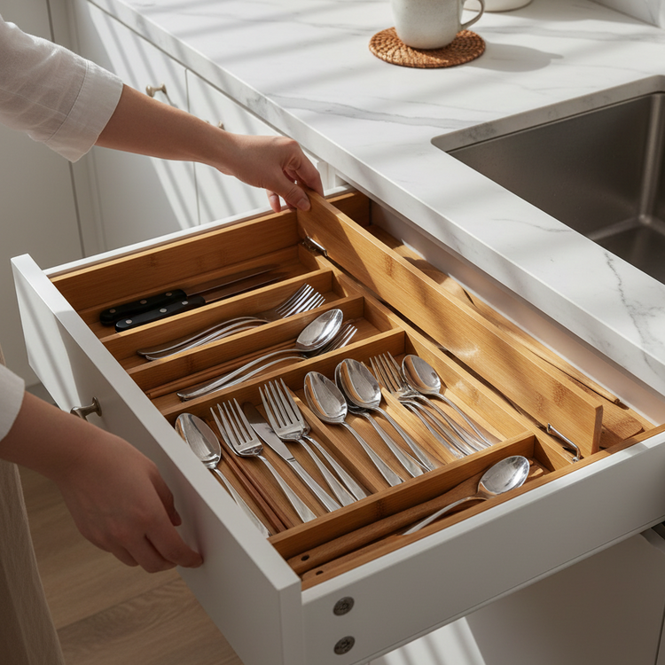 Adjustable bamboo drawer dividers organizing cutlery inside a kitchen drawer, with forks, spoons, knives, and chopsticks neatly separated beneath a marble countertop in a modern kitchen