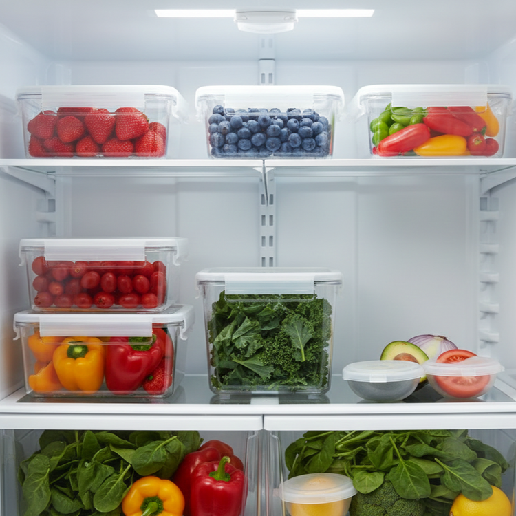 Produce storage containers placed in a refrigerator, keeping fruits and vegetables separated and visible on fridge shelves.
