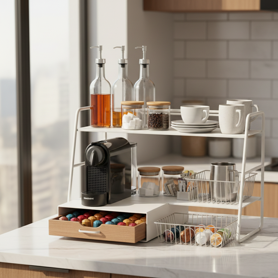 A styled kitchen coffee station with a countertop organizer holding a coffee machine, syrup bottles, coffee capsules, mugs, and jars for sugar and coffee essentials, arranged neatly under warm natural sunlight.
