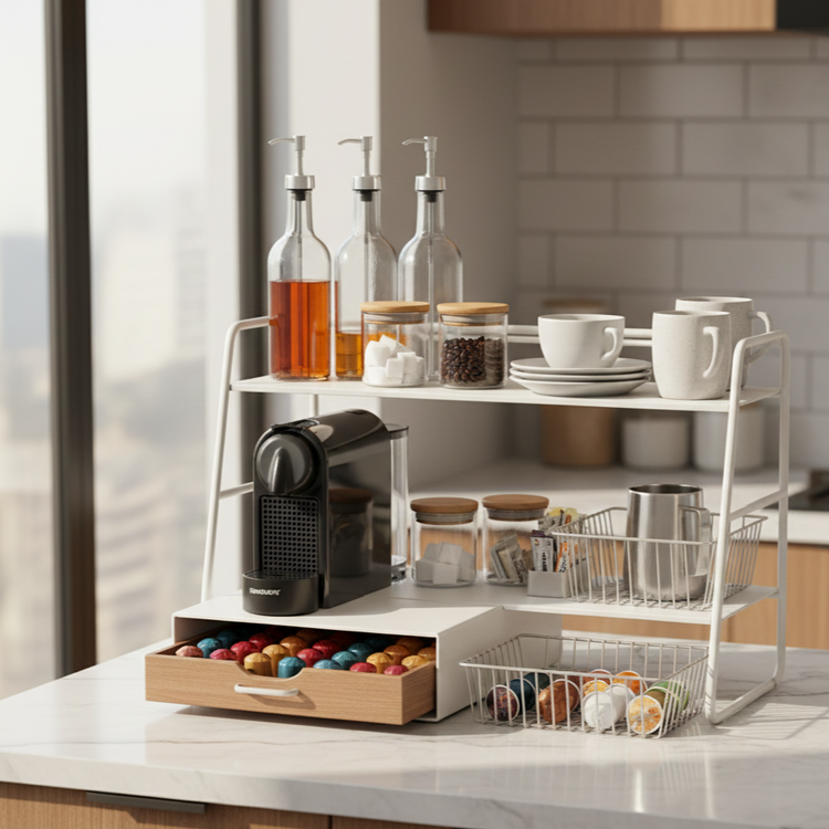 A styled kitchen coffee station with a countertop organizer holding a coffee machine, syrup bottles, coffee capsules, mugs, and jars for sugar and coffee essentials, arranged neatly under warm natural sunlight.