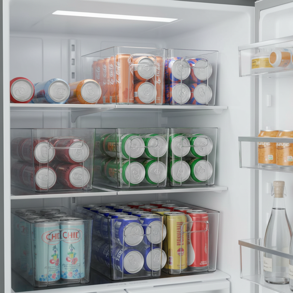 Clear beverage bins neatly arranged inside a refrigerator, holding canned drinks for organized fridge storage.
