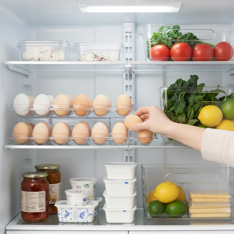 Clear egg holders placed on a refrigerator shelf, storing eggs in an organized and space-efficient layout.