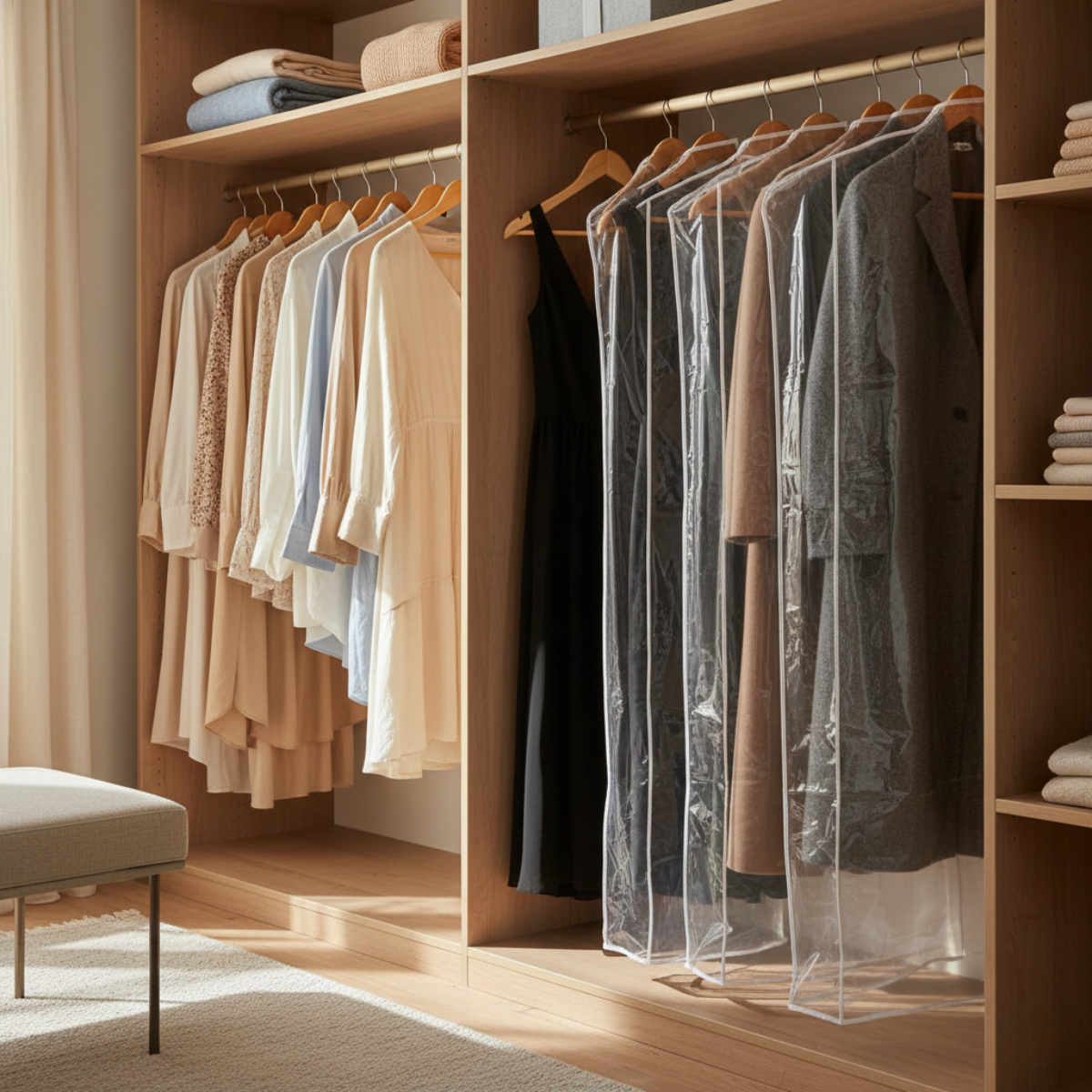 Clothing hangers and transparent garment covers hanging on a closet rail inside an organized wardrobe space.
