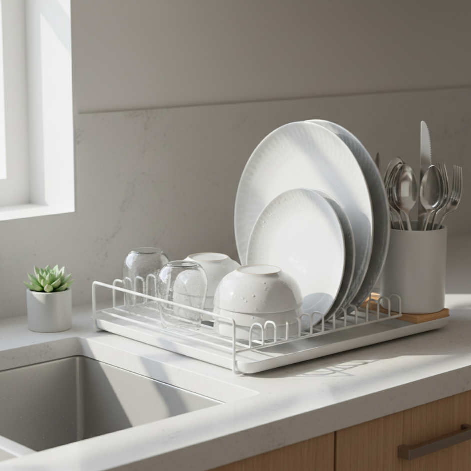 Dish drying rack placed beside a kitchen sink, holding plates, bowls, cups, and utensils neatly organized on a clean countertop with warm natural daylight.