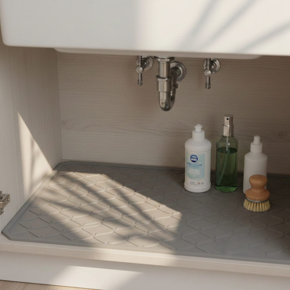 Under sink cabinet with a fitted protective mat placed neatly on the floor, organizing cleaning supplies beneath the kitchen sink with warm natural sunlight and soft leaf shadows.