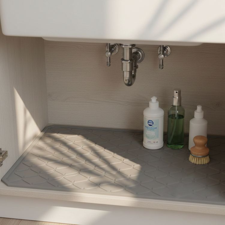 Under sink cabinet with a fitted protective mat placed neatly on the floor, organizing cleaning supplies beneath the kitchen sink with warm natural sunlight and soft leaf shadows.
