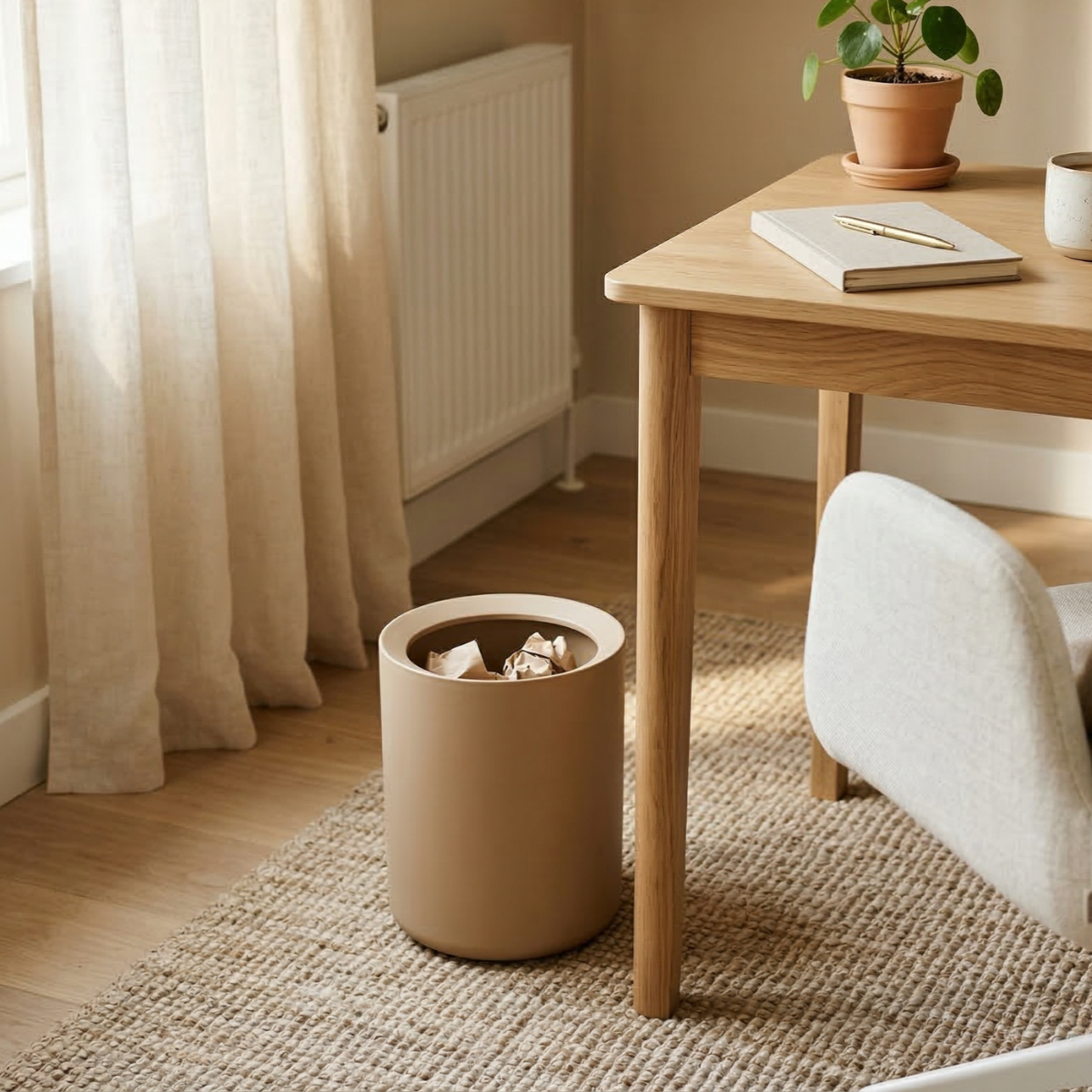 Small modern waste basket placed beside a home office desk in a sunlit workspace.
