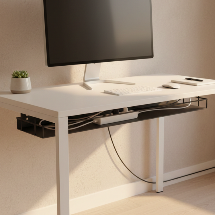 Under-desk cable tray holding a power strip beneath a white home office desk, keeping cords organized and out of sight.