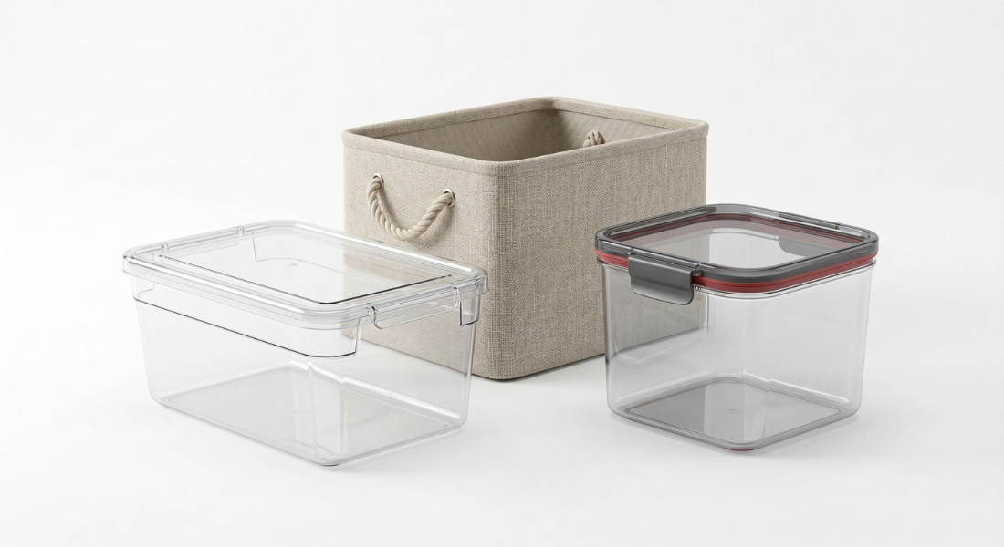 Clear storage bins, fabric storage baskets, and airtight food containers for modern home organization