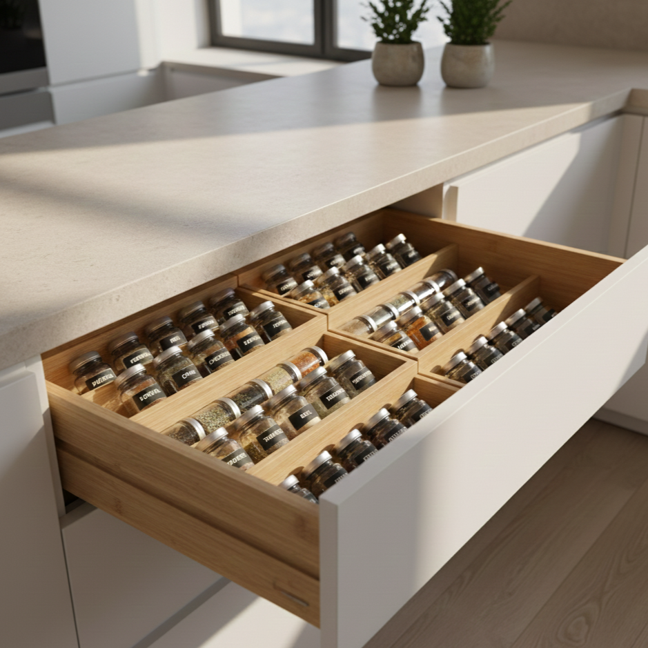 Open kitchen drawer with spice drawer inserts organizing labeled spice jars in neat angled rows, styled with warm natural sunlight and a clean modern kitchen setting