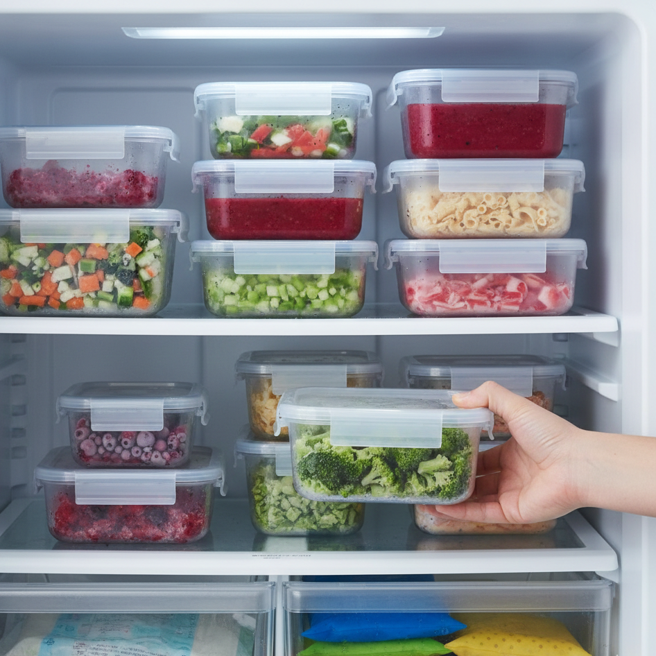 Freezer food containers stacked inside a freezer drawer, holding prepared meals and frozen ingredients for organized storage.