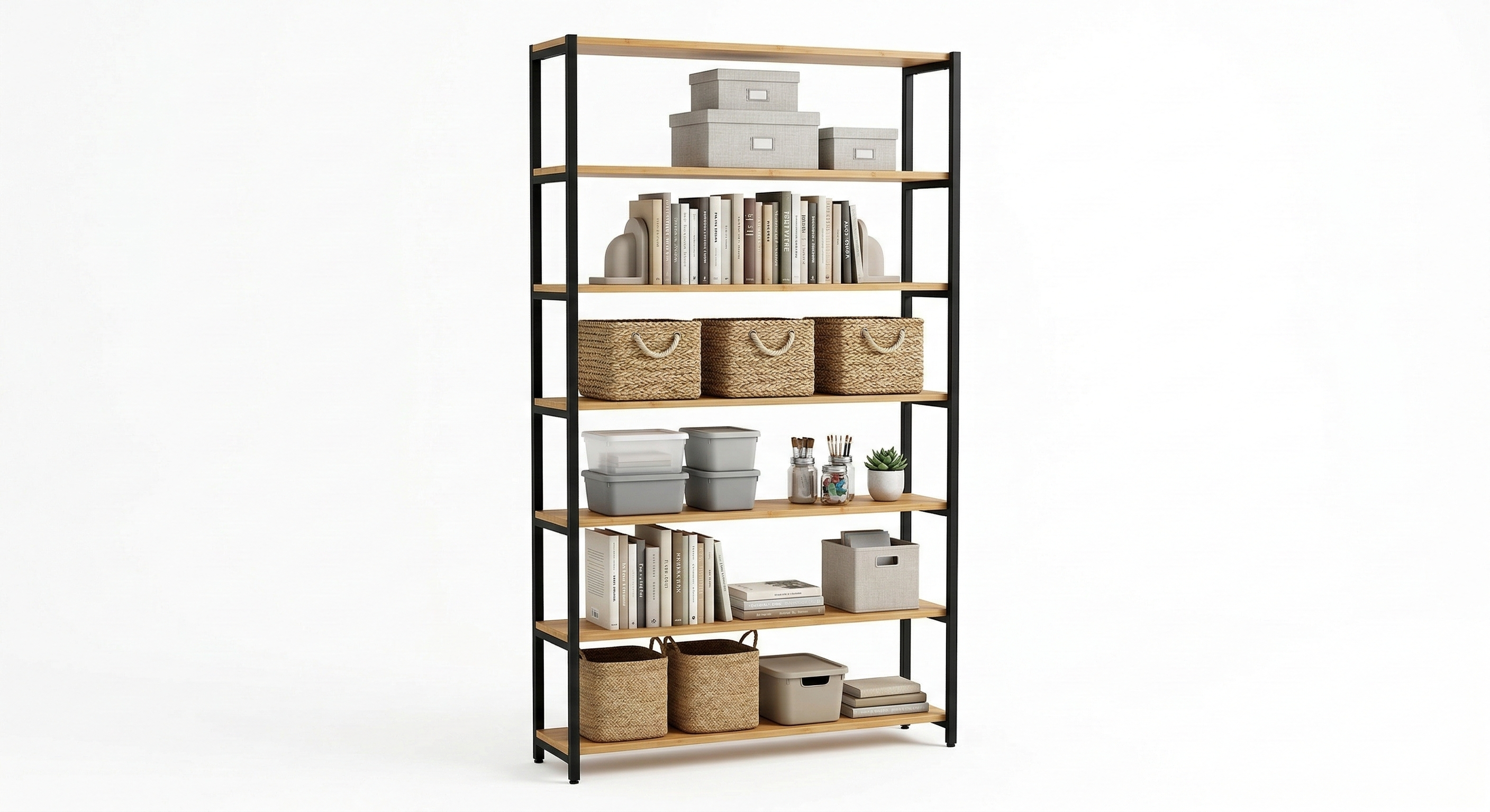 Open storage shelving unit with baskets, storage bins, and books for vertical home organization