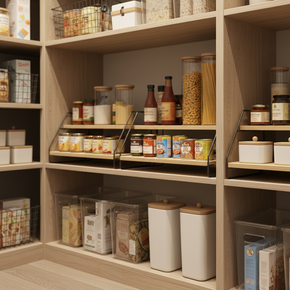 Shelf risers and dividers used inside a pantry cabinet to separate canned goods, jars, and containers on wooden shelves.
