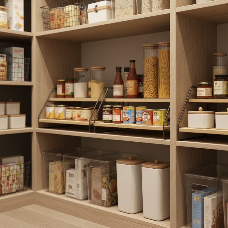 Shelf risers and dividers used inside a pantry cabinet to separate canned goods, jars, and containers on wooden shelves.