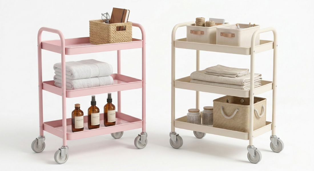 Rolling utility carts with storage baskets for kitchen, laundry, and home organization