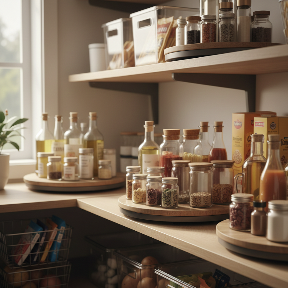 Lazy Susan turntables used on pantry shelves, organizing oils, sauces, and spice jars for easy rotation and access.