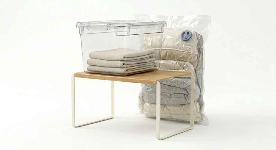 Vacuum compression bags, under-bed storage bins, and shelf risers for space saving home organization