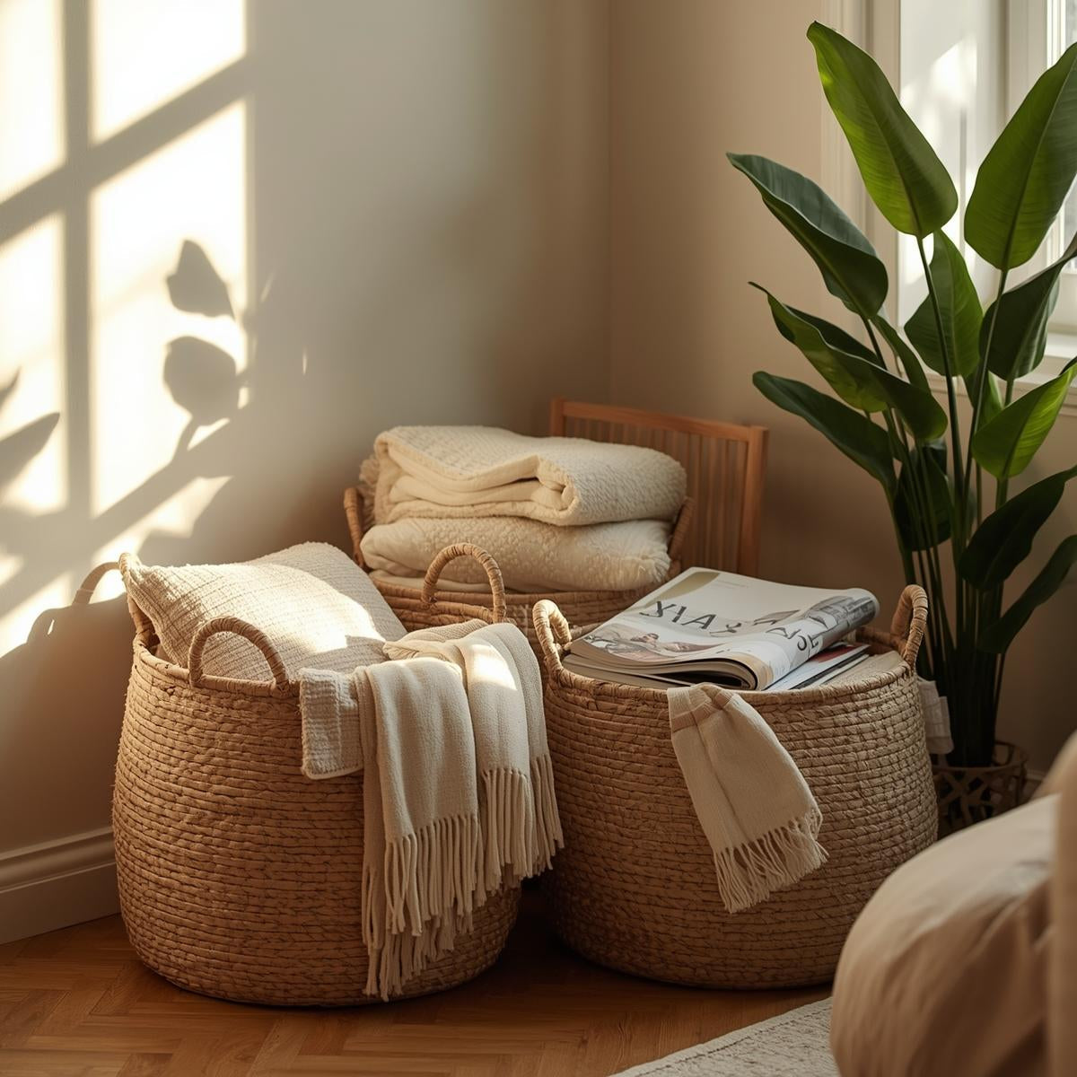 Large woven blanket basket filled with cozy throws and magazines placed in a sunlit living room corner.
