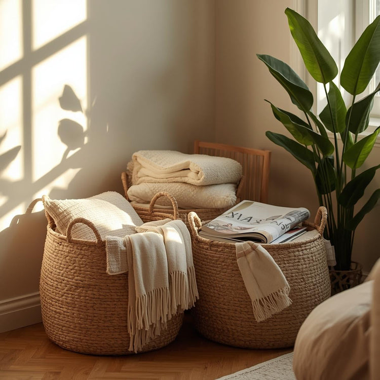 Large woven blanket basket filled with cozy throws and magazines placed in a sunlit living room corner.